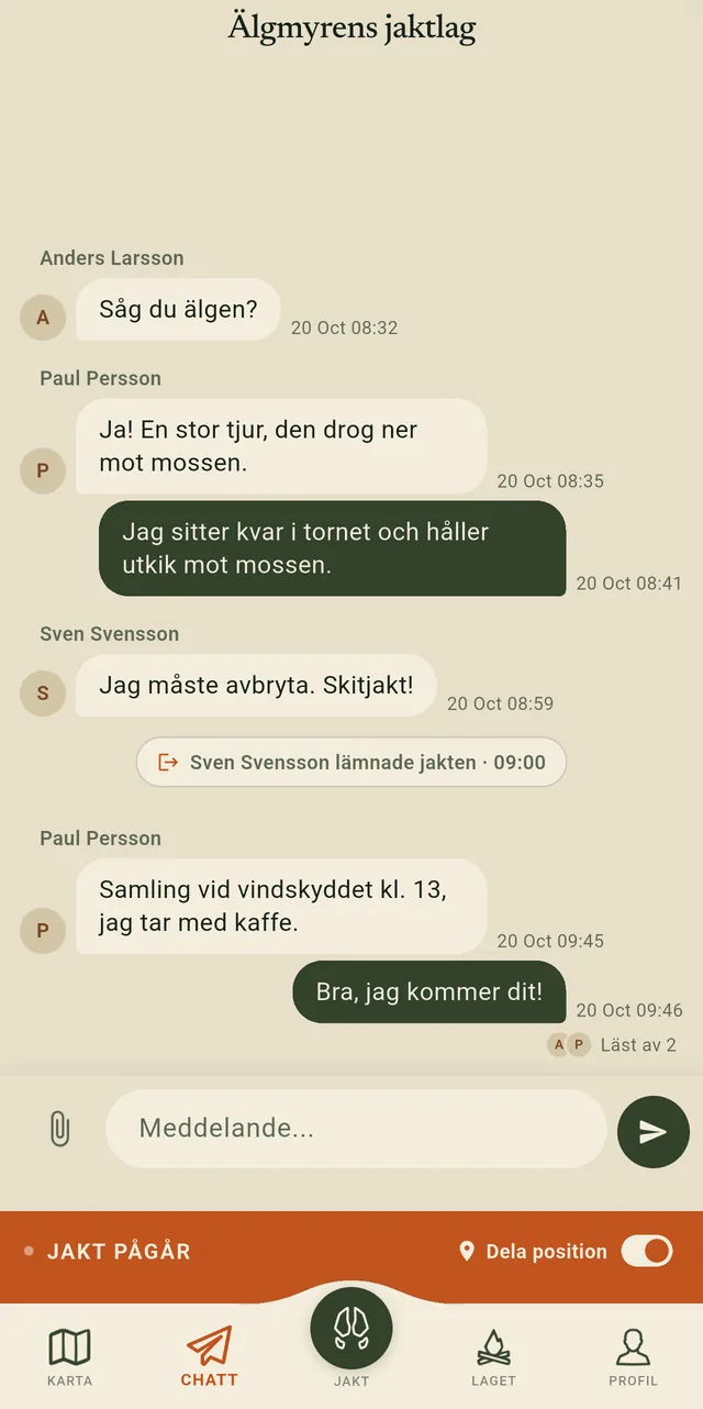 Lagchatten under en älgjakt, där en jägare lämnar jakten och laget bestämmer samling