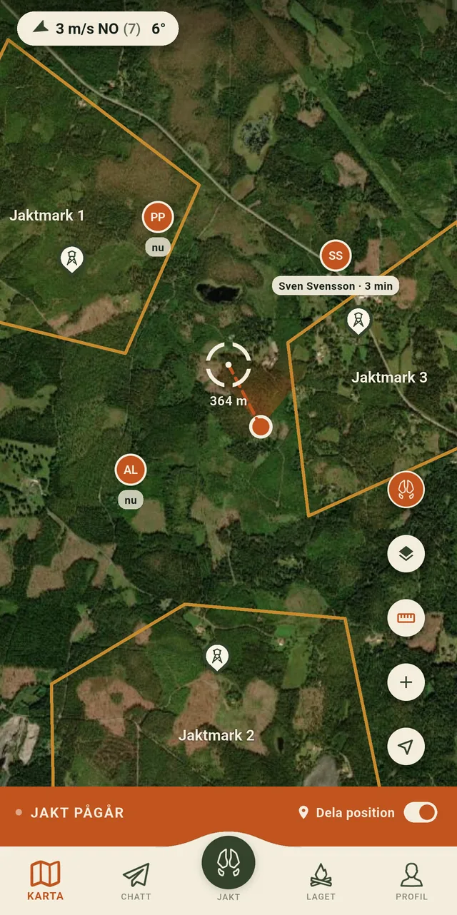 JaktPasset-kartan med lagets jaktmarker, torn och avstånd till passet